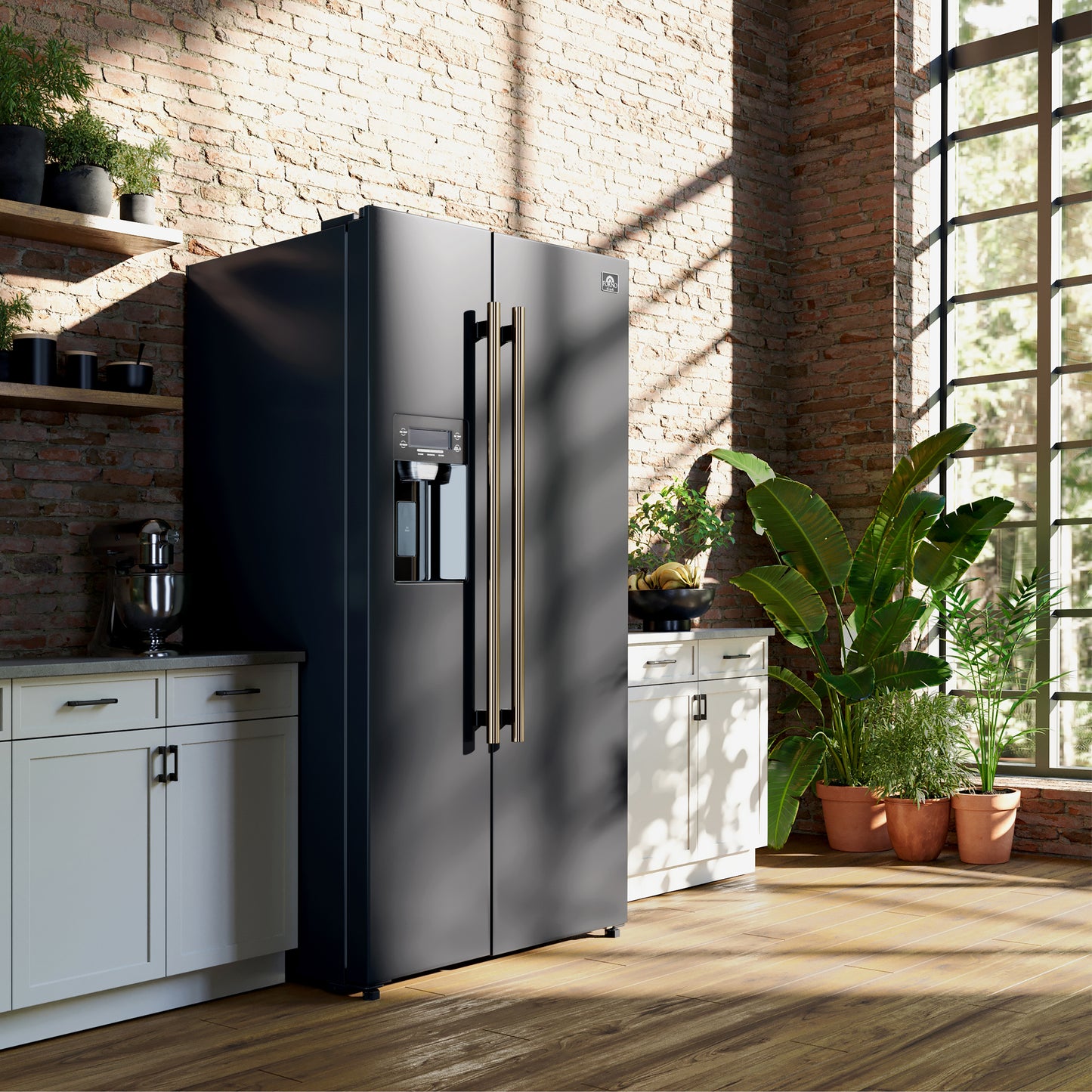 Refrigerador Forno Salerno Espresso de 36 pulgadas, dos puertas verticales, color negro, 20 pies cúbicos, antiescarcha, con dispensador de hielo y agua, certificación ENERGY STAR