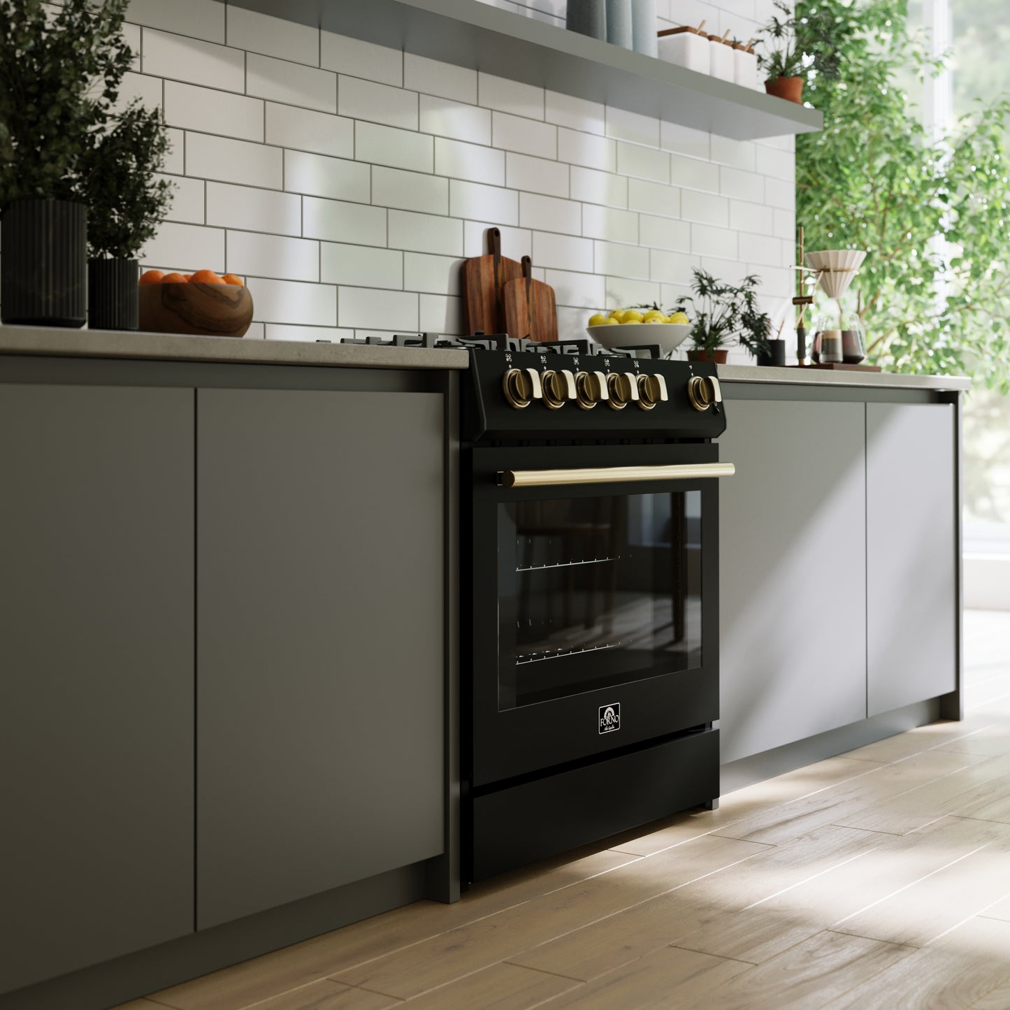 Cocina a gas Forno Leonardo Espresso de 30 pulgadas, color negro, 5 quemadores, 39 500 BTU, horno de convección de 5 pies cúbicos