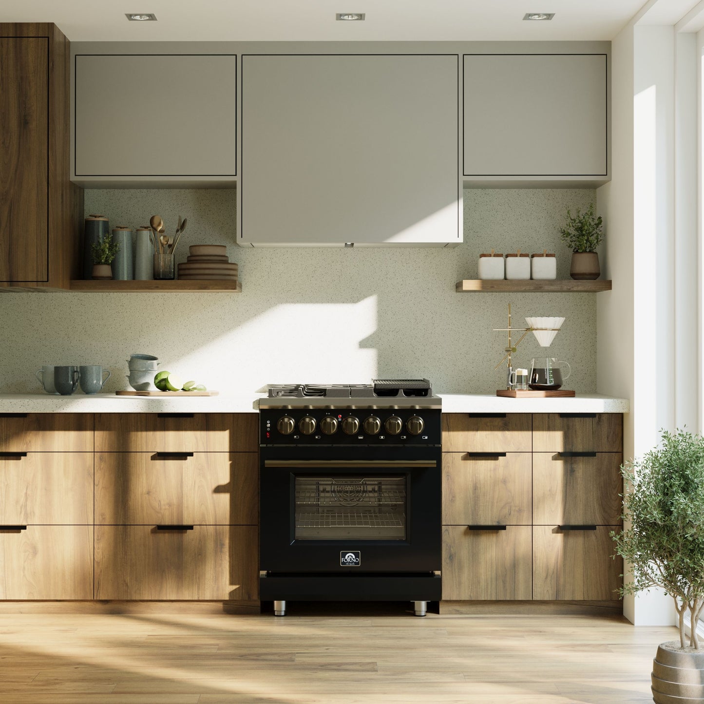 Cuisinière biénergie autoportante Forno Massimo de 30 pouces en noir avec accessoires en laiton antique, 4 brûleurs, 4,32 pi³ Four à convection