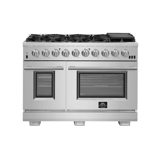 Paquete de Cocina Premium FORNO de 3 Piezas - Cocina a Gas Independiente FORNO Capriasca de 48", Refrigerador/Congelador Convertible Empotrable de 2 Piezas FORNO Maderno de 60" con Rejilla Decorativa, 27.2 pies cúbicos, Campana Extractora de Pared FORNO O