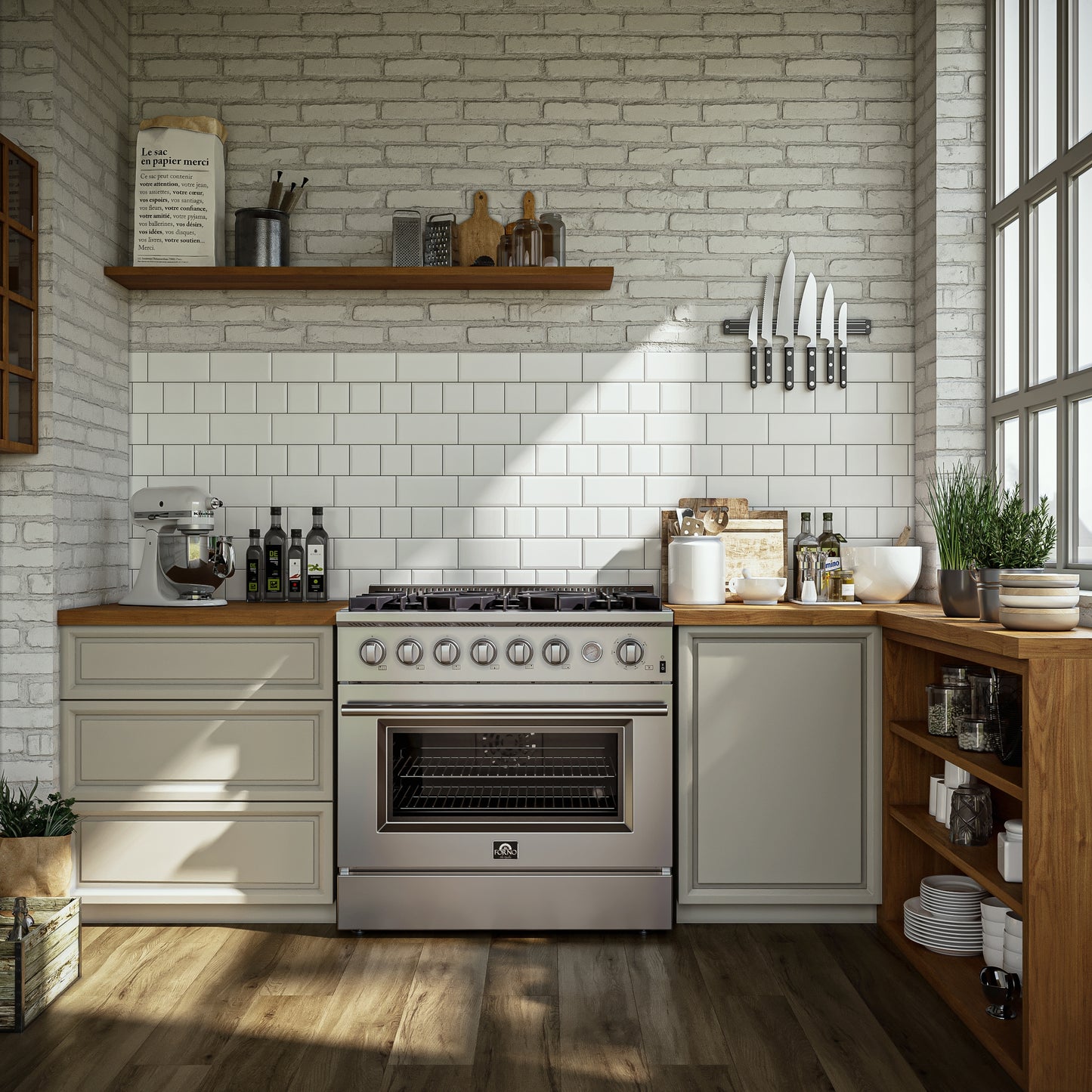 Cocina a gas Marco de 36 pulgadas, acero inoxidable, 6 quemadores, 67,000 BTU, horno de convección de 5.36 pies cúbicos