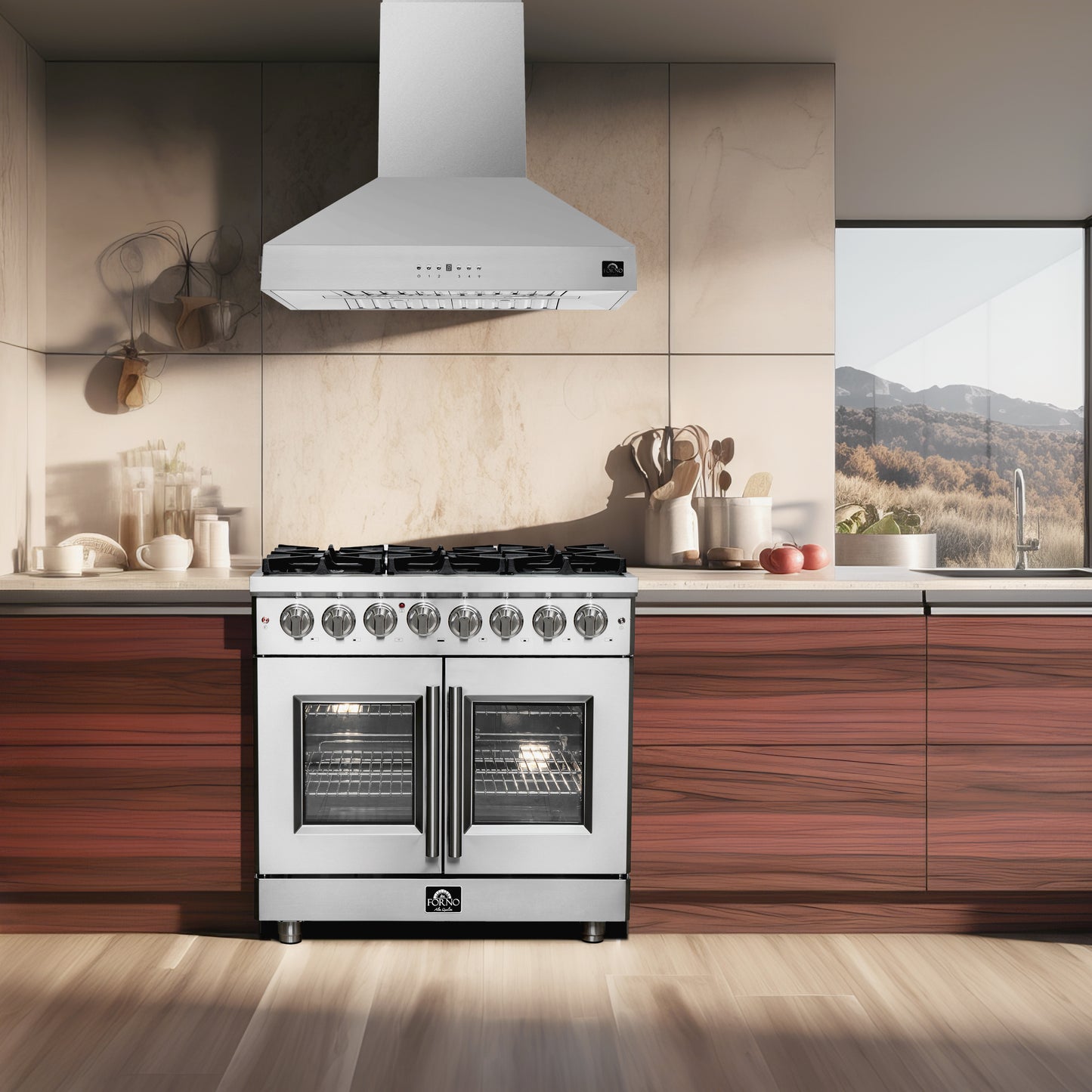 Cuisinière bi-énergie autonome Forno Massimo de 36 pouces avec portes françaises, 6 brûleurs et four à convection véritable
