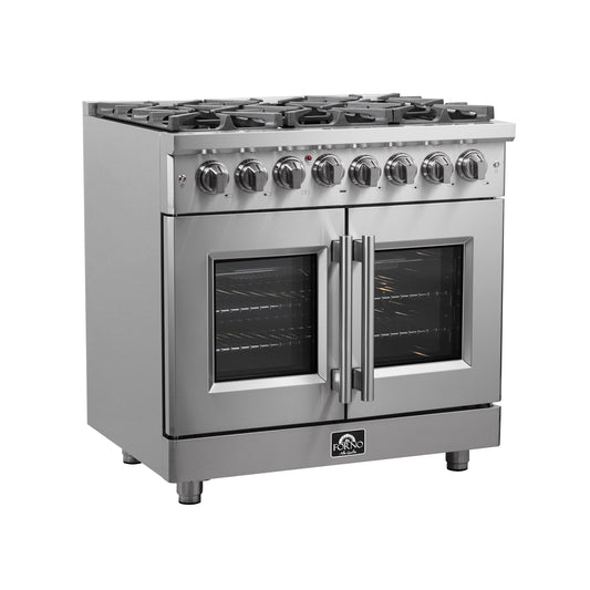 Cuisinière autonome Forno Massimo de 36 po à double combustible, porte française, 6 brûleurs, four à convection véritable - Forno Appliances