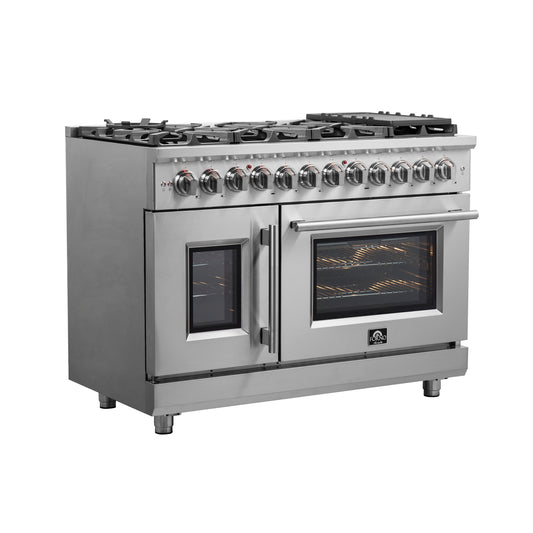 Cuisinière dual fuel autoportante Forno Massimo de 48 pouces à portes françaises, 8 brûleurs, four à convection véritable - Forno Appliances