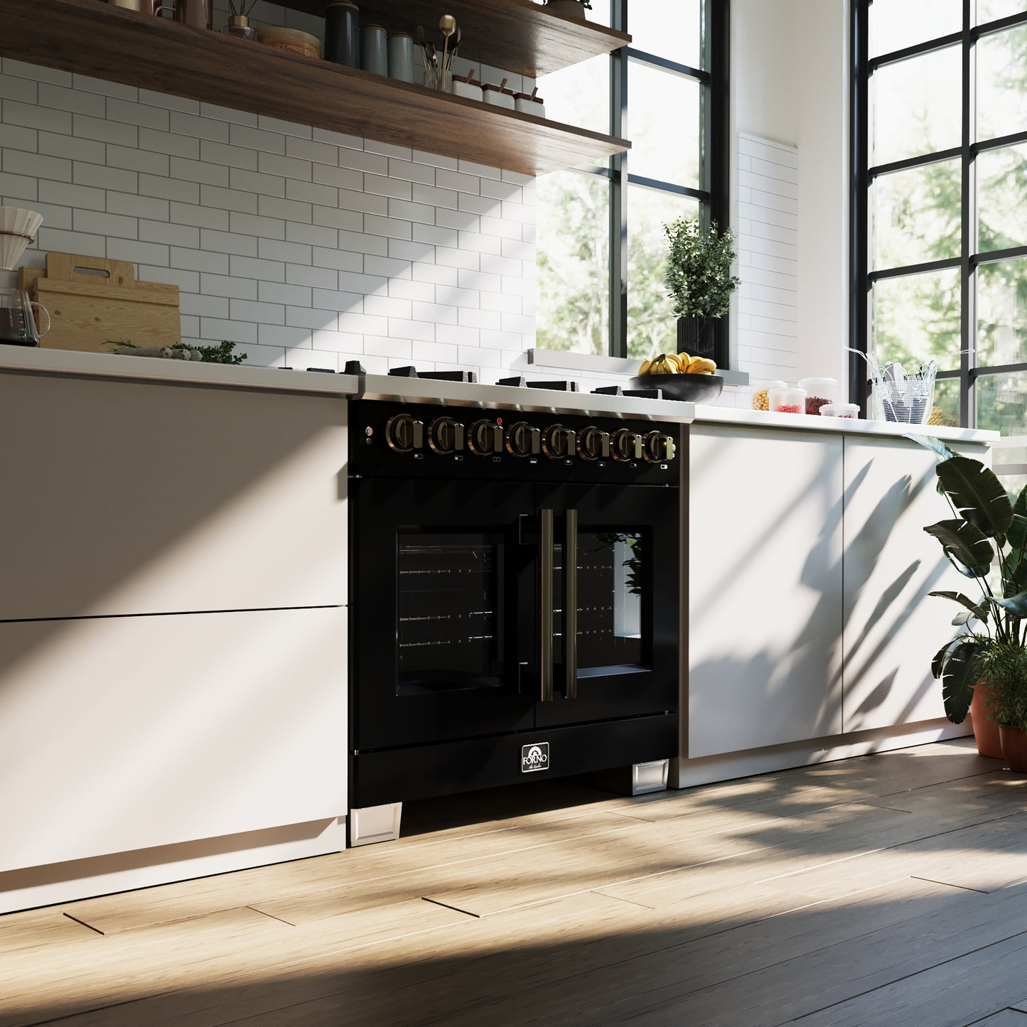 Forno Capriasca Cuisinière autoportante à double combustible de 36 pouces à porte française en noir avec accessoires en laiton antique, 6 brûleurs, four à convection véritable