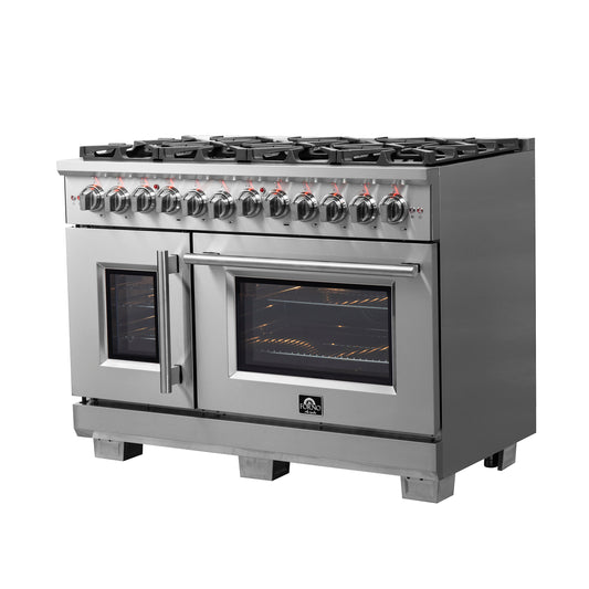 Cuisinière autonome à double combustible Forno Capriasca de 48 pouces avec portes françaises, 8 brûleurs et four à convection véritable