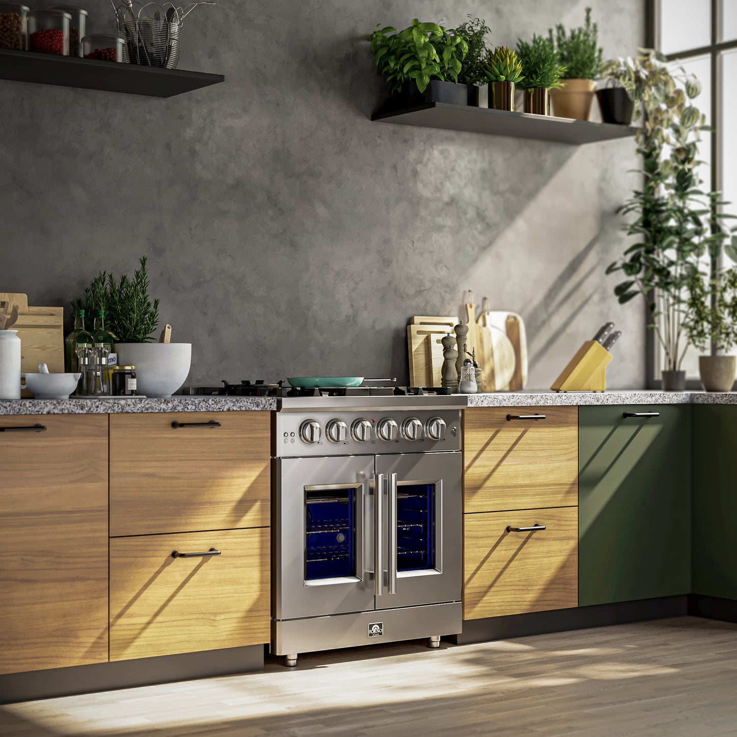 Cuisinière à gaz autonome à portes françaises Forno Massimo de 30 pouces, 4 brûleurs, four à convection, écoénergétique