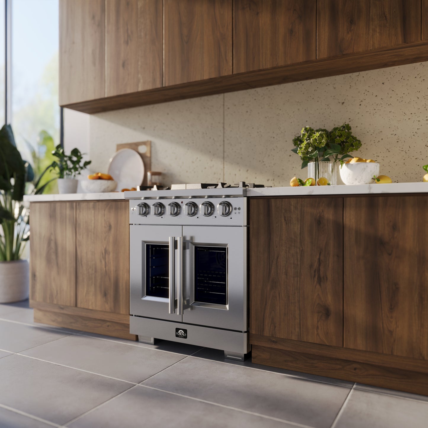 Cocina a gas independiente Forno Capriasca de 76 cm con puerta francesa, 4 quemadores, horno de convección y eficiencia energética.