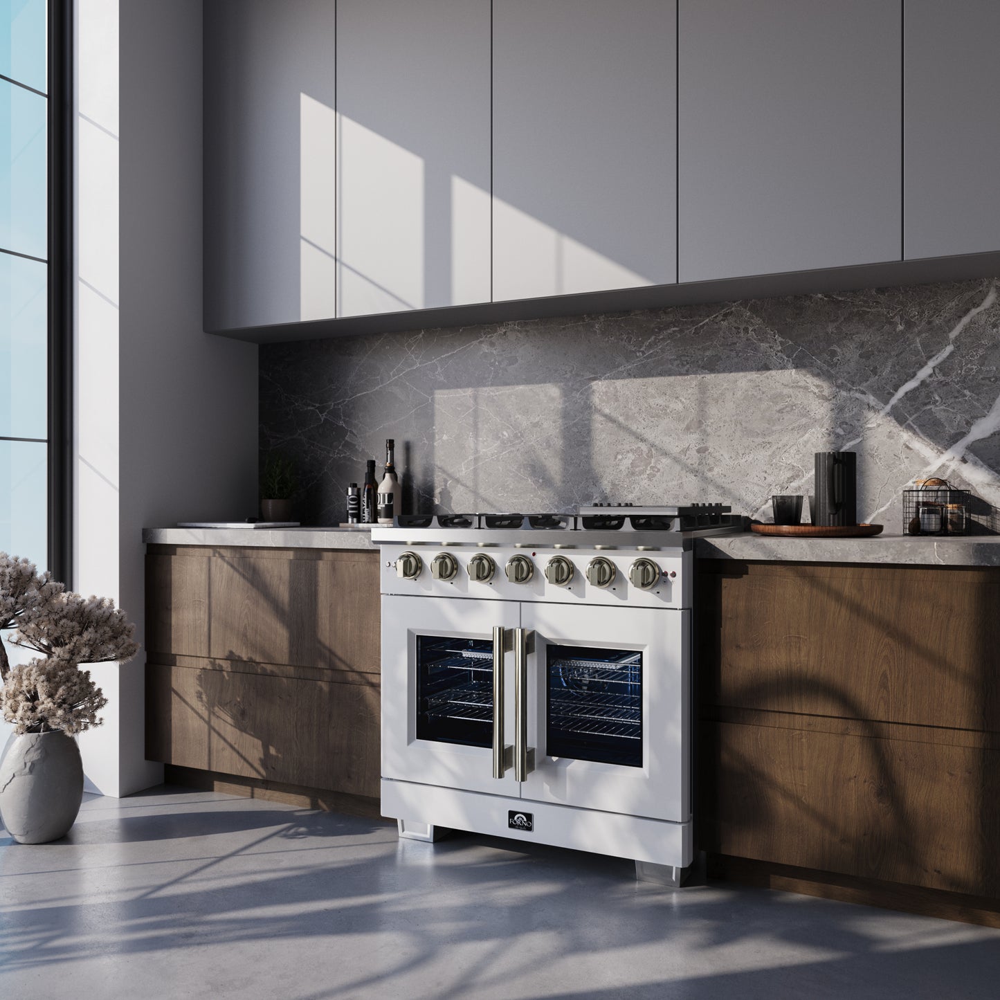 Forno Capriasca Cuisinière à gaz autoportante blanche à porte française de 36 pouces, 6 brûleurs, four à convection, économe en énergie