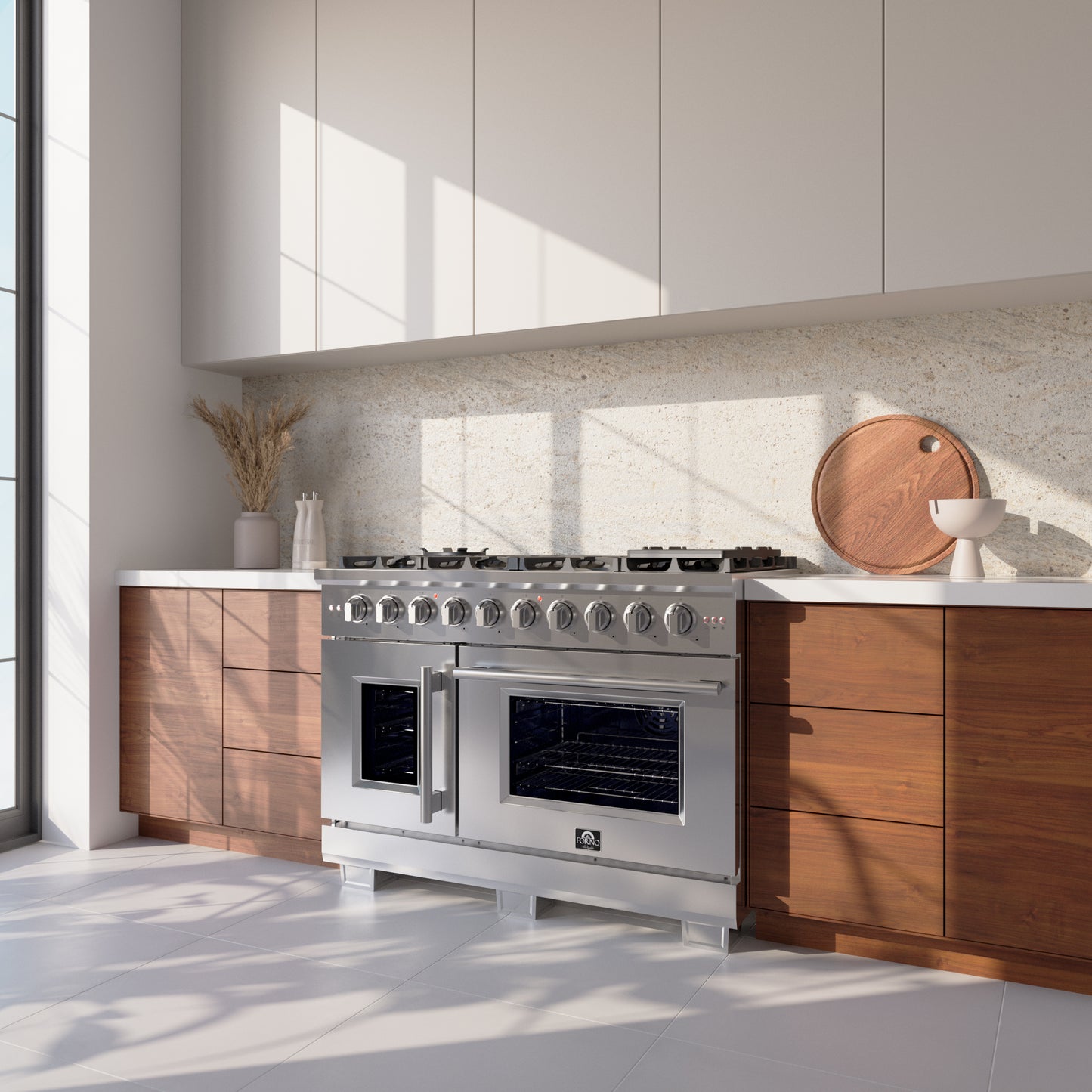 Cuisinière à gaz autonome à portes françaises Forno Capriasca de 48 pouces, 8 brûleurs, four à convection, écoénergétique