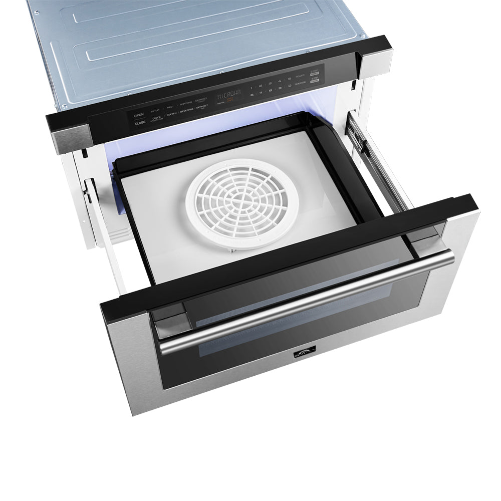 Microondas de cajón Forno Capoliveri de 24 pulgadas, acero inoxidable, 1.2 pies cúbicos, 1000 vatios, integrado, pantalla LCD táctil, apertura y cierre automáticos, 11 niveles de potencia, cocción con sensor