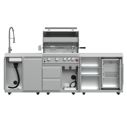 Barbacoa FORNO Bulnes de 76 cm, 60 000 BTU, 3 quemadores con quemadores infrarrojos para sellar y asar, cocina exterior de acero inoxidable con centro de bebidas de 547 ml (1.8 pies cúbicos) y encimeras de piedra sinterizada blanca.