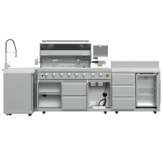 Barbecue FORNO Bulnes 40 pouces, 95 000 BTU, 5 brûleurs, fonction saisie & Rôtissoire infrarouge avec brûleur latéral, cuisine extérieure en acier inoxydable de 1,8 cu.ftCentre de boissons & Comptoirs en pierre frittée blanche