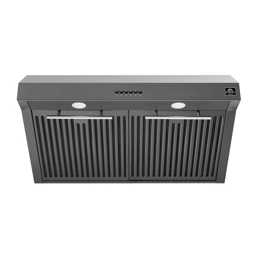 Conjunto de cocina premium FORNO de 3 piezas: cocina Leonardo Espresso negra de 76 cm, campana extractora negra de 76 cm, refrigerador negro de 79 cm - FBDL-001-02CA