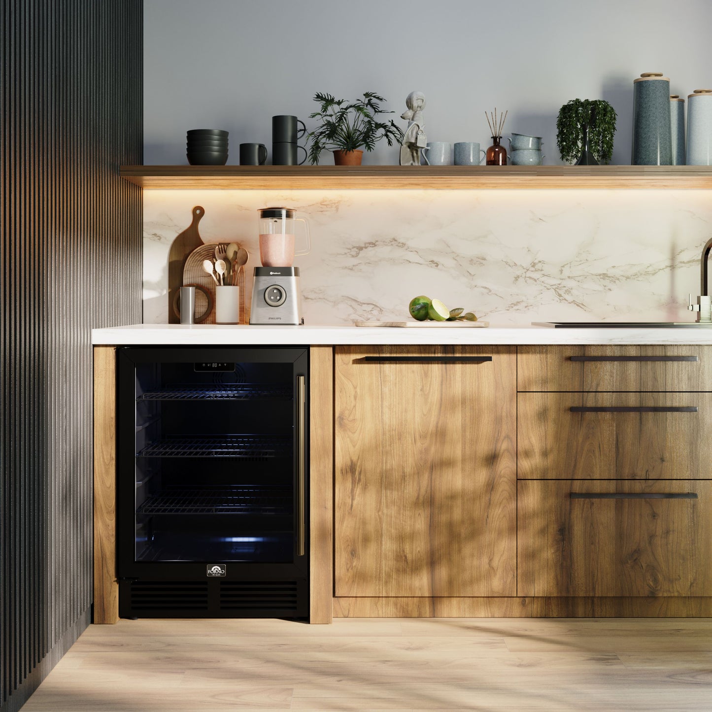 Enfriador de bebidas Forno Frescolino de 24 pulgadas, negro con manijas de latón antiguo, con iluminación LED, puerta de triple vidrio, capacidad para 188 latas, empotrado o independiente