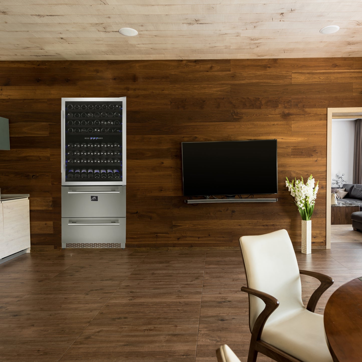 Enfriador de vinos Forno Capraia de 30 pulgadas con triple zona de temperatura, hasta 144 botellas, dos cajones refrigerados, zonas de temperatura ajustables