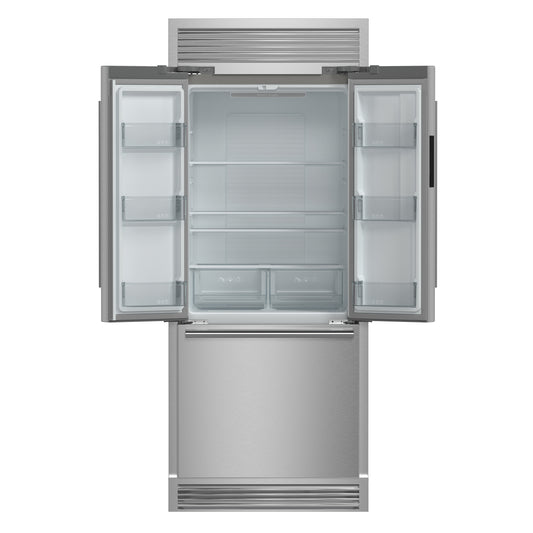 Refrigerador Forno Gallipoli de 30 pulgadas con puerta francesa, capacidad de 17.5 pies cúbicos, parrilla decorativa, ancho de 34 pulgadas, acero inoxidable, tecnología No Frost, eficiencia energética