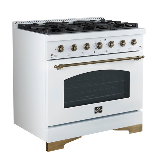 Cuisinière à gaz autoportante Forno Antico 36 po, blanche, design laiton antique, 6 brûleurs, four à convection, économe en énergie - Forno Appliances