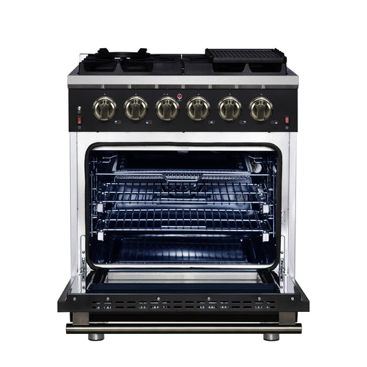 Cuisinière à gaz autoportante noire Forno Massimo de 30 pouces, 4 brûleurs, four à convection véritable