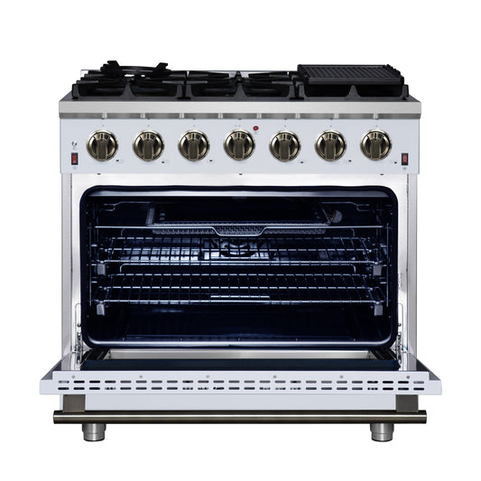 Cuisinière à gaz autoportante blanche Forno Massimo de 36 pouces, 6 brûleurs scellés, four à convection, économe en énergie