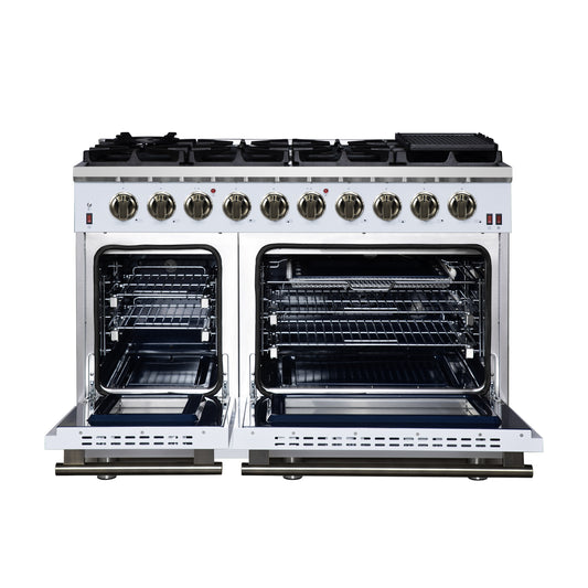 Cuisinière à gaz autonome blanche Forno Massimo de 48 pouces, 8 brûleurs, four à convection véritable