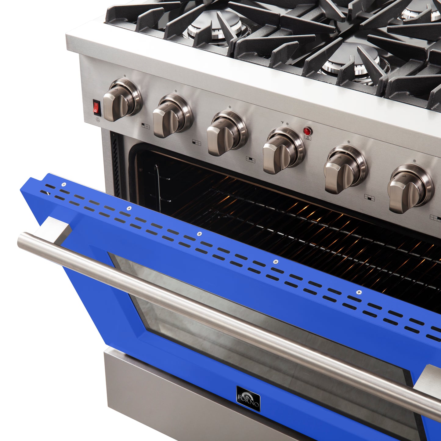 Cuisinière à gaz autoportante Forno Galiano de 36 pouces, acier inoxydable, 6 brûleurs, économe en énergie, porte bleue