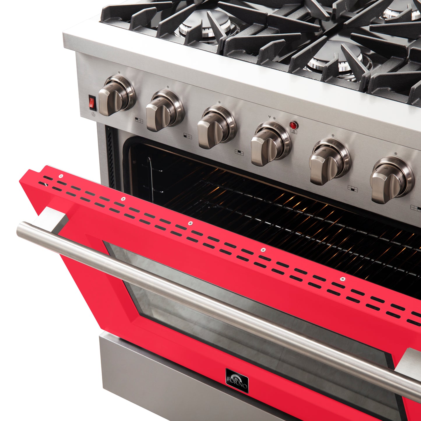 Cuisinière à gaz autoportante Forno Galiano de 36 pouces, acier inoxydable, 6 brûleurs, économe en énergie, porte rouge