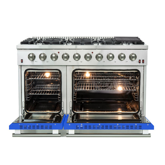 Forno Galiano Cocina de Gas Independiente de 48 Pulgadas, Acero Inoxidable, 8 Quemadores, 107,000 BTU, Plancha, Hornos Dobles, Eficiencia Energética, Puertas Azules