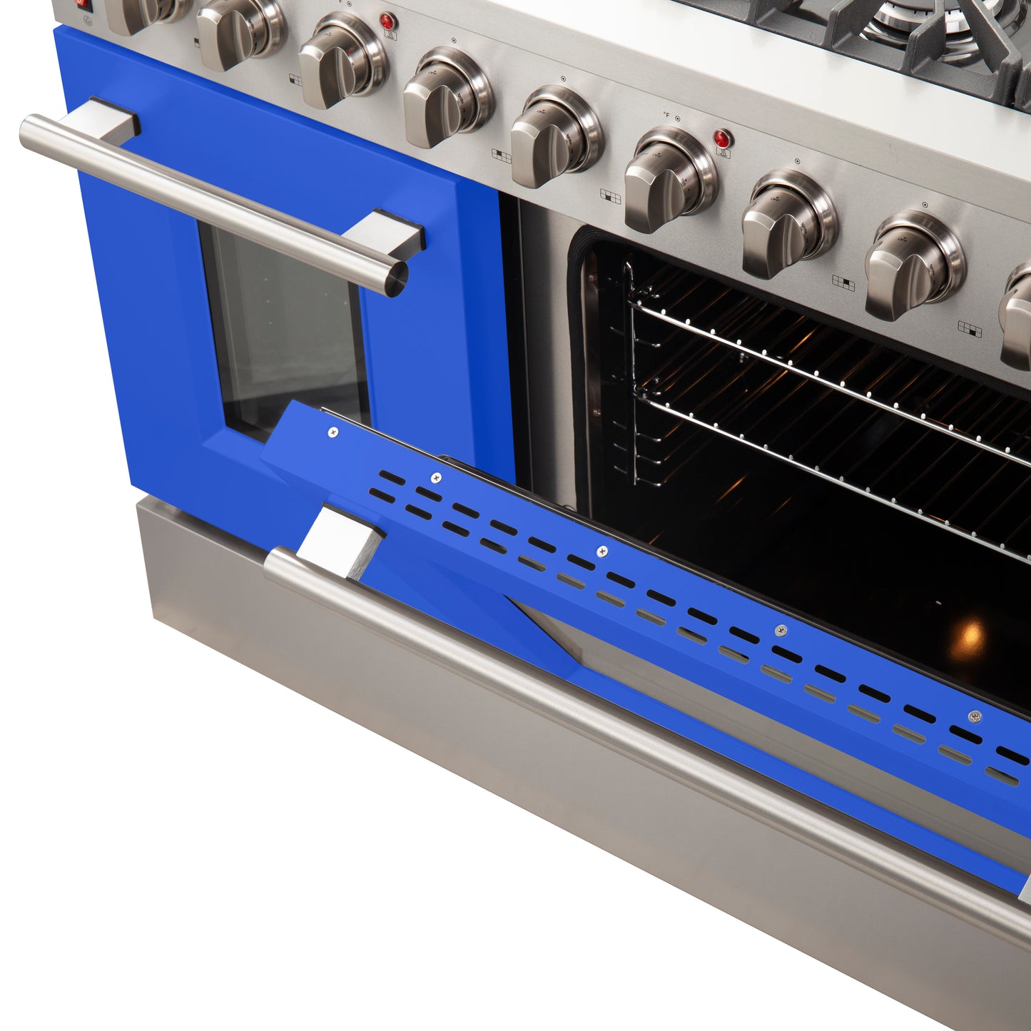 Cuisinière à gaz autoportante Forno Galiano de 48 pouces, acier inoxydable, 8 brûleurs, 107 000 BTU, plaque chauffante, fours doubles, économe en énergie, portes bleues