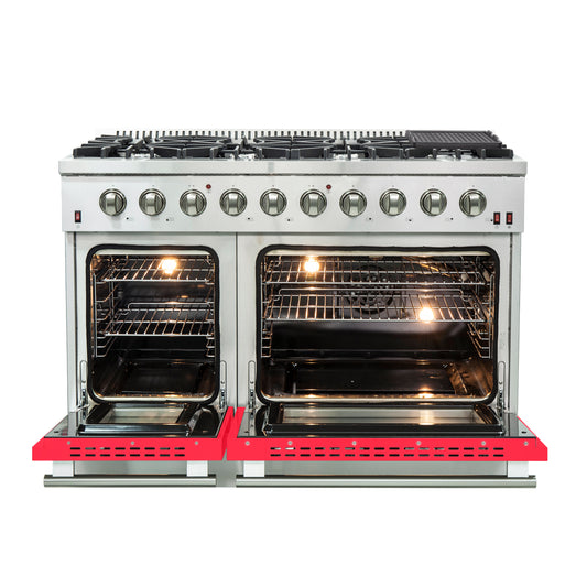 Forno Galiano Cocina de Gas Independiente de 48 Pulgadas, Acero Inoxidable, 8 Quemadores, 107,000 BTU, Plancha, Hornos Dobles, Eficiente en Energía, Puertas Rojas