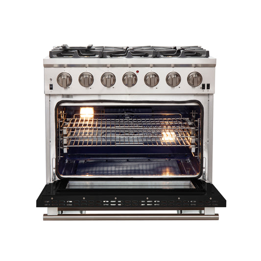 Forno Capriasca Cocina a Gas de 36 Pulgadas, Acero Inoxidable, 6 Quemadores de Latón, 120,000 BTU, Horno de Convección, Eficiente en Energía, Puerta Negra