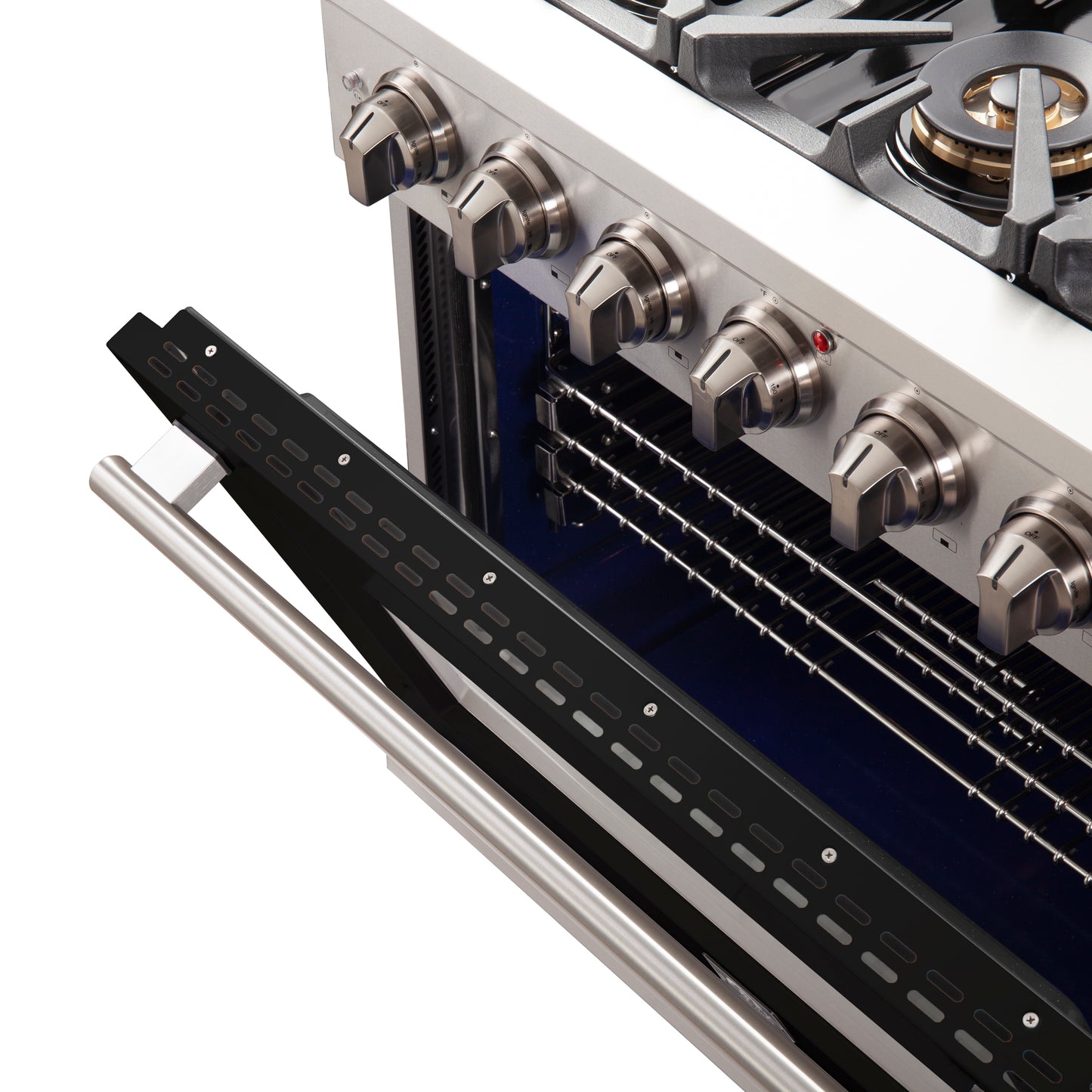 Cuisinière à gaz Forno Capriasca de 36 pouces, acier inoxydable, 6 brûleurs en laiton, 120 000 BTU, four à convection, économe en énergie, porte noire