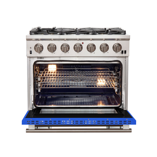 Cuisinière à gaz Forno Capriasca de 36 pouces, acier inoxydable, 6 brûleurs en laiton, 120 000 BTU, four à convection, économe en énergie, porte bleue