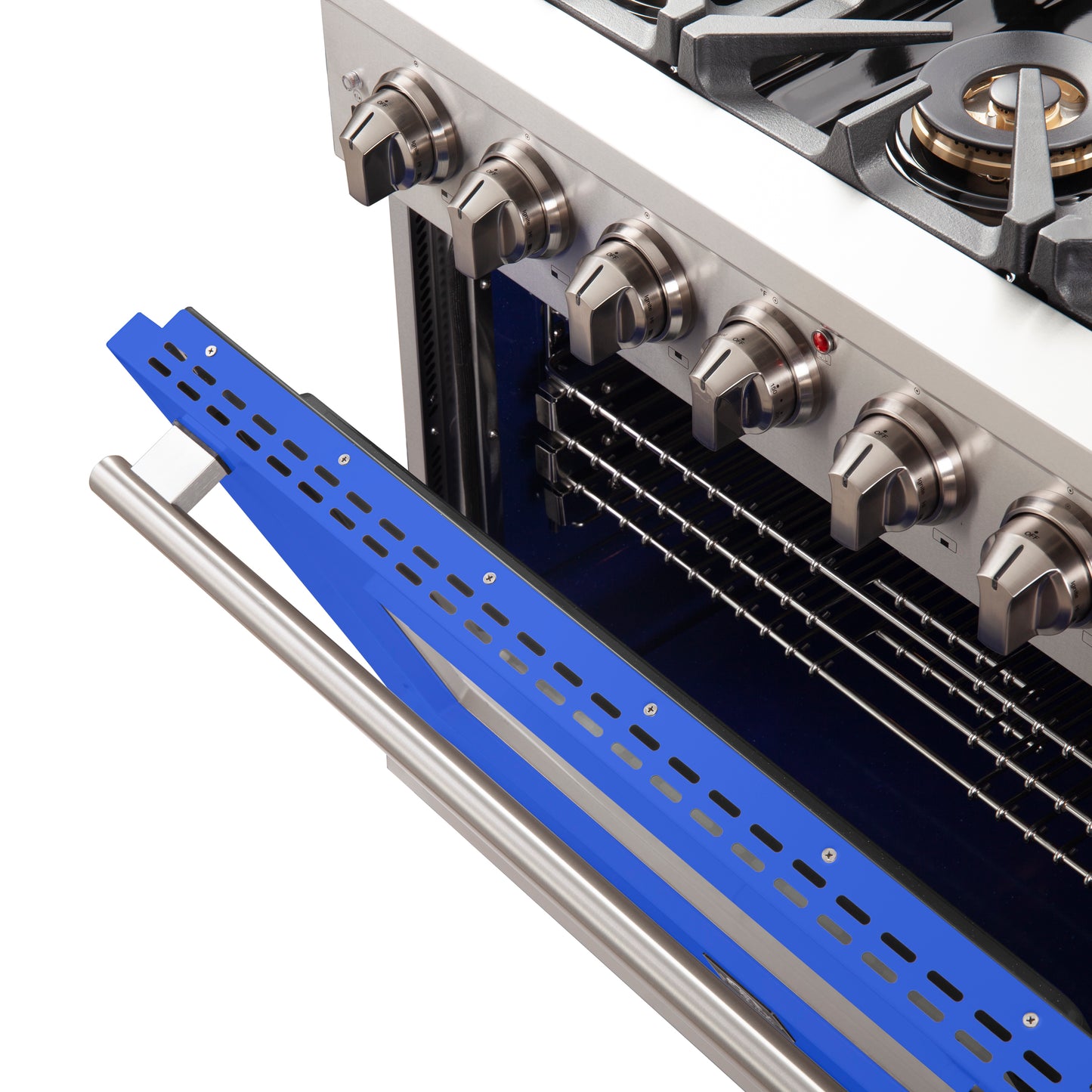 Cuisinière à gaz Forno Capriasca de 36 pouces, acier inoxydable, 6 brûleurs en laiton, 120 000 BTU, four à convection, économe en énergie, porte bleue