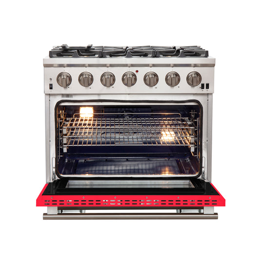 Forno Capriasca Cocina a Gas de 36 Pulgadas, Acero Inoxidable, 6 Quemadores de Latón, 120,000 BTU, Horno de Convección, Eficiente en Energía, Puerta Roja
