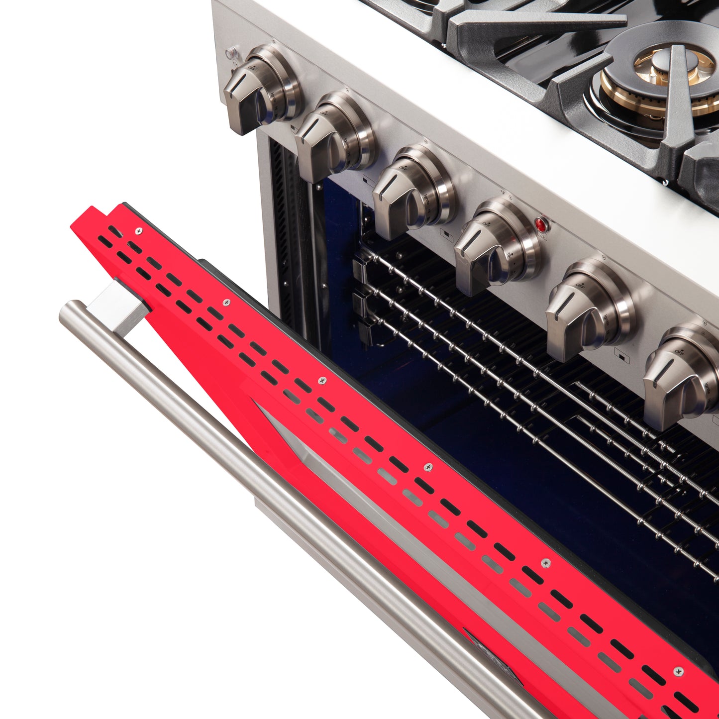 Cuisinière à gaz Forno Capriasca de 36 pouces, acier inoxydable, 6 brûleurs en laiton, 120 000 BTU, four à convection, économe en énergie, porte rouge