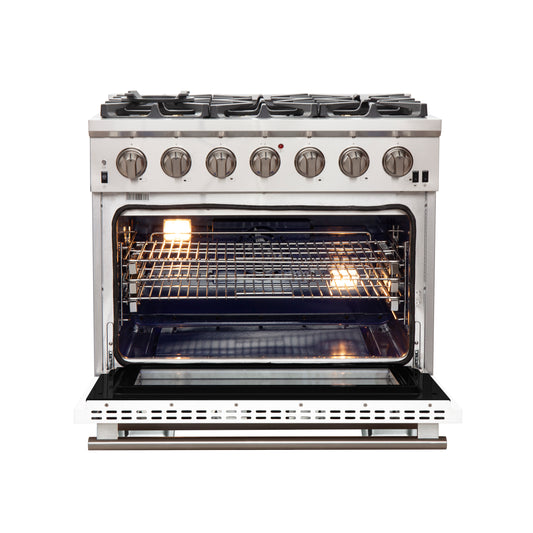 Cuisinière à gaz Forno Capriasca de 36 pouces, acier inoxydable, 6 brûleurs en laiton, 120 000 BTU, four à convection, économe en énergie, porte blanche