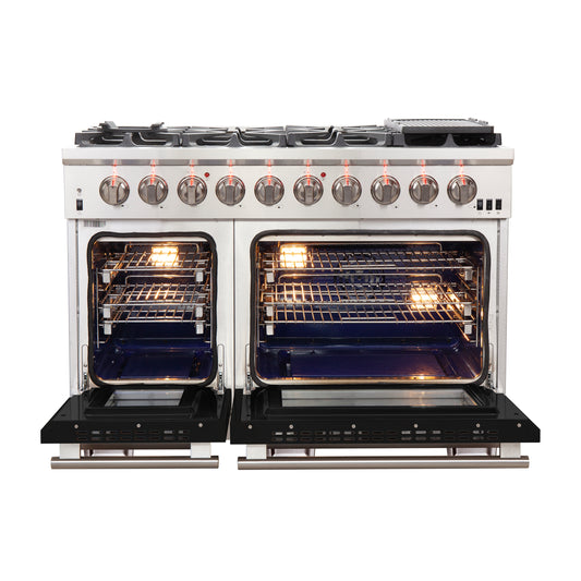 FORNO Capriasca Cocina a Gas de 48 Pulgadas Acero Inoxidable, 8 Quemadores de Latón 160,000 BTU, Horno Doble de 6.58 pies cúbicos, Puertas Negras