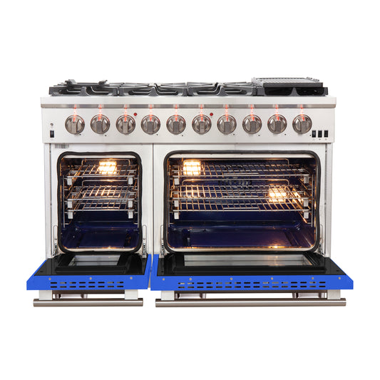 Cuisinière à gaz FORNO Capriasca 48 pouces, acier inoxydable, 8 brûleurs en laiton, 160 000 BTU, 6,58 cu.ftFour double, portes bleues