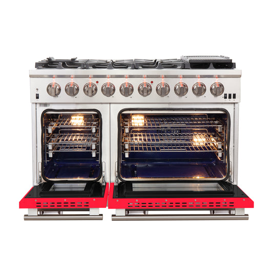 FORNO Capriasca Cocina a Gas de 48 Pulgadas Acero Inoxidable, 8 Quemadores de Latón 160,000 BTU, Horno Doble de 6.58 pies cúbicos, Puertas Rojas