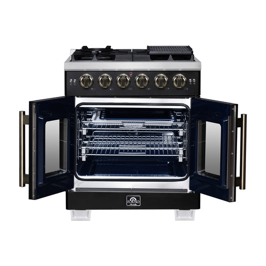 Forno Capriasca Cuisinière à gaz autoportante à porte française de 30 pouces, 4 brûleurs, four à convection, économe en énergie