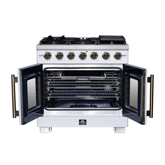 Forno Capriasca Cuisinière à gaz autoportante blanche à porte française de 36 pouces, 6 brûleurs, four à convection, économe en énergie