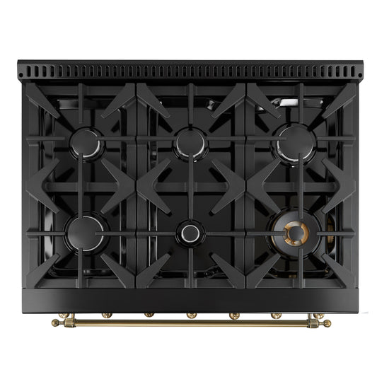 Cocina a gas independiente Forno Antico de 91 cm, color negro, diseño de latón antiguo, 6 quemadores, horno de convección, eficiencia energética