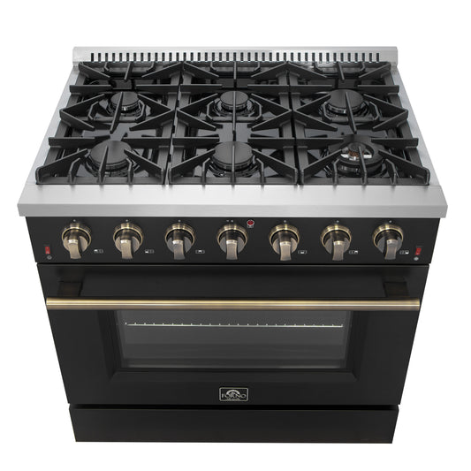 Cocina a gas independiente Forno Galiano de 91 cm en color negro con diseño de latón antiguo, 6 quemadores, 83 000 BTU, horno de convección de 1,6 m³