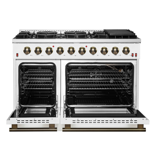 FORNO Galiano 48-inch Gas Range White & Antique Brass Design, 8 Burners, 107,000 BTU, Griddle, 6.58 cu.ft. Double Ovens - Forno Appliances