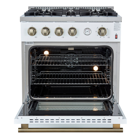 Cocina a gas Marco de 30 pulgadas con diseño en blanco y latón antiguo, 4 quemadores, 37,000 BTU, horno de convección de 4.32 pies cúbicos