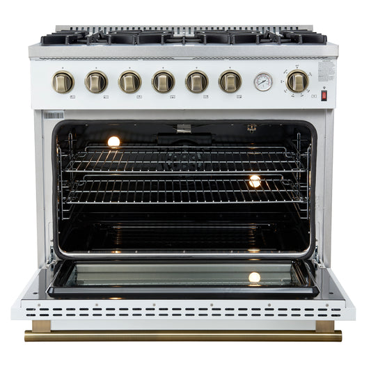 Cuisinière à gaz Marco de 36 pouces, design blanc et laiton antique, 6 brûleurs, 67 000 BTU, four à convection de 5,36 pi³