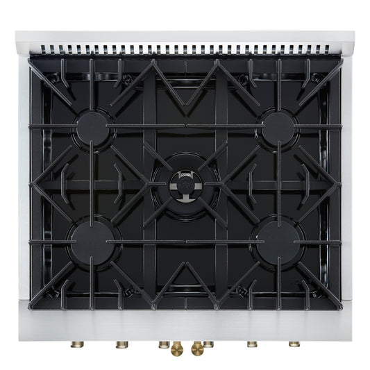 Cocina a gas con puerta francesa Forno Galiano de 30 pulgadas
Blanco con diseño de latón antiguo, 5 quemadores,
Horno de convección de 68,000 BTU y 4.32 pies cúbicos