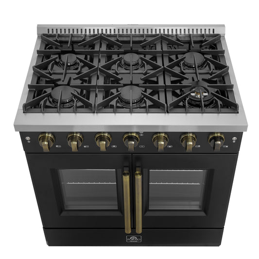 Cocina a gas Forno Galiano de 36 pulgadas con puerta francesa, diseño en negro y latón antiguo, 6 quemadores sellados, 83,000 BTU, horno de convección de 5.36 pies cúbicos