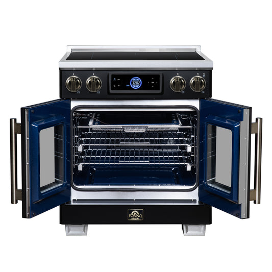 Maximus 30-Inch Induction range, French Door, 4 Cooking Zones, 4.32 cf. Convection Oven, Air Sous Vide, Air Fry Basket, Black - Forno Appliances